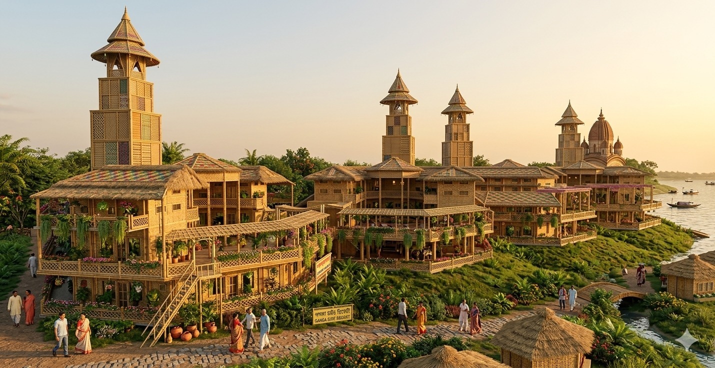 Grand campus aerial with towers and temple complex
