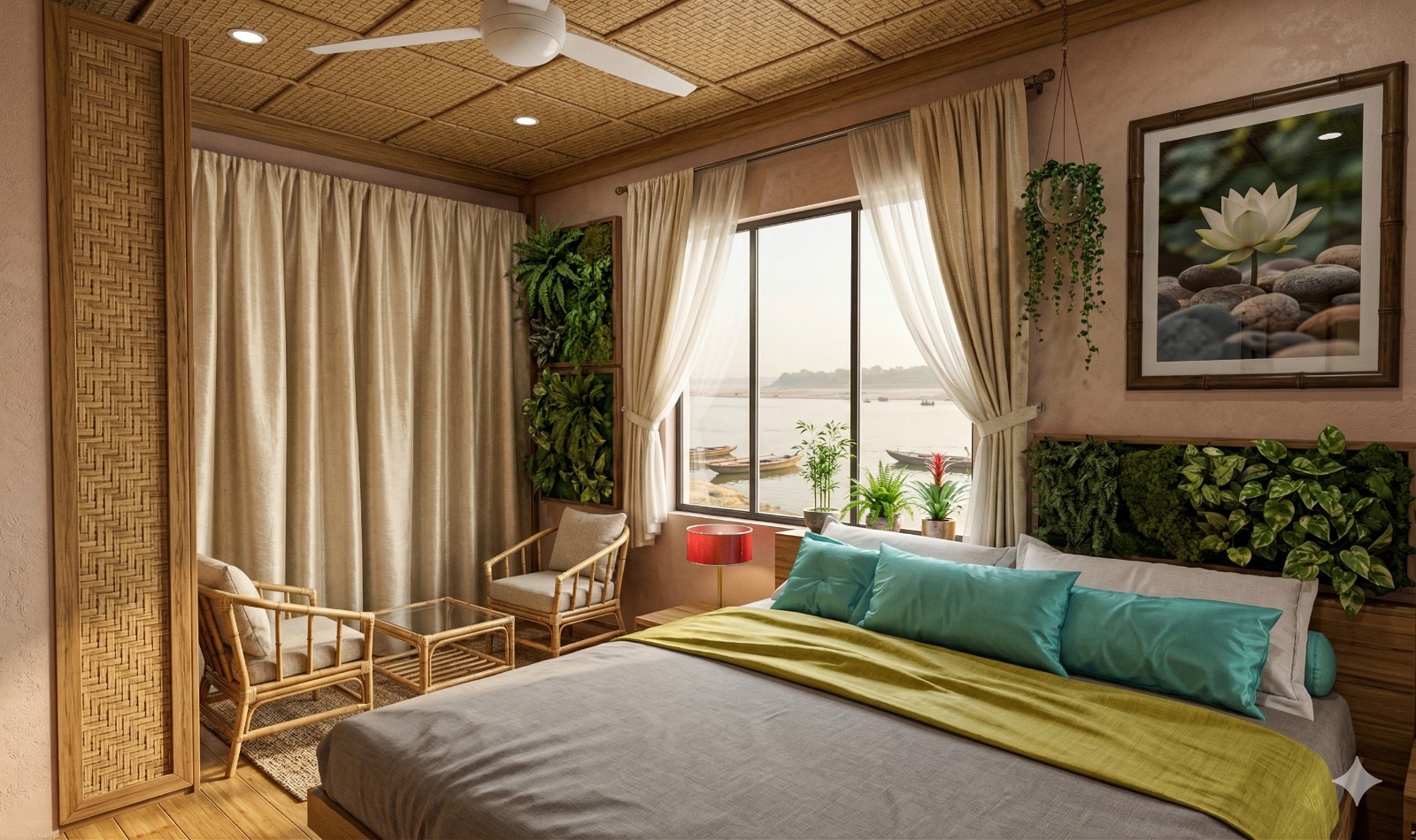 Swajan Griha bedroom interior with dedication plaque at bedside
