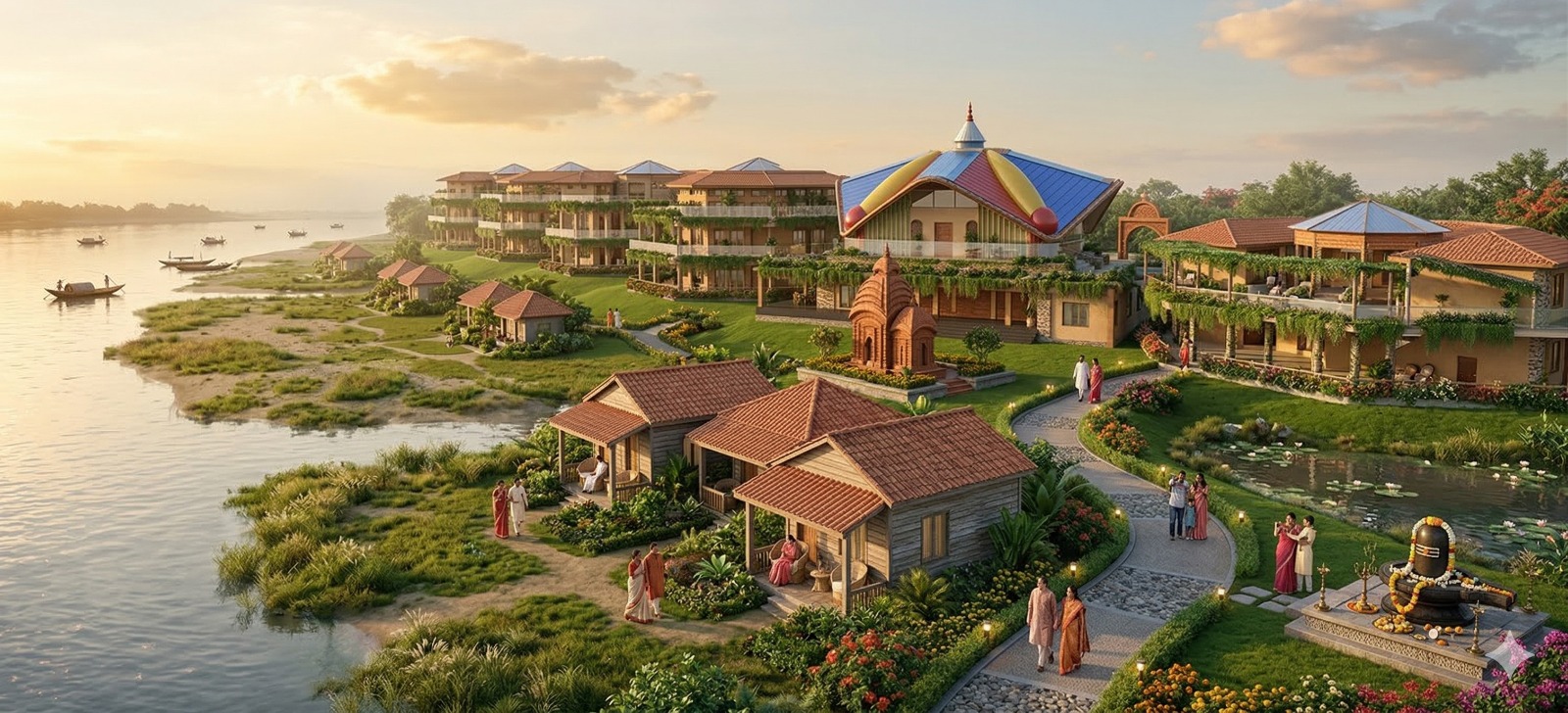 Full panorama of campus with temple, ashrams, river, and families