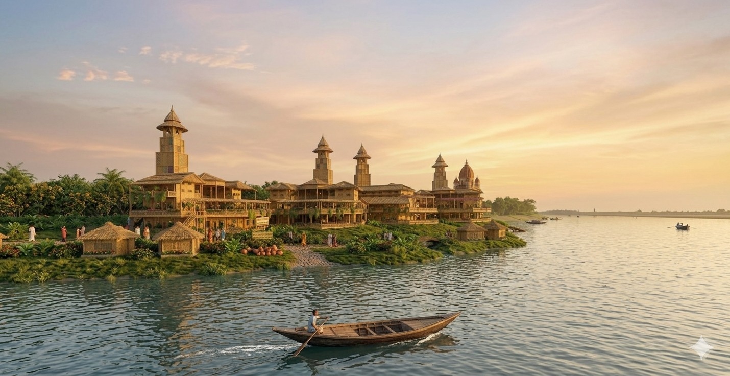 KarmYog Vatika grand campus aerial view with towers, temple complex, and Ganges frontage