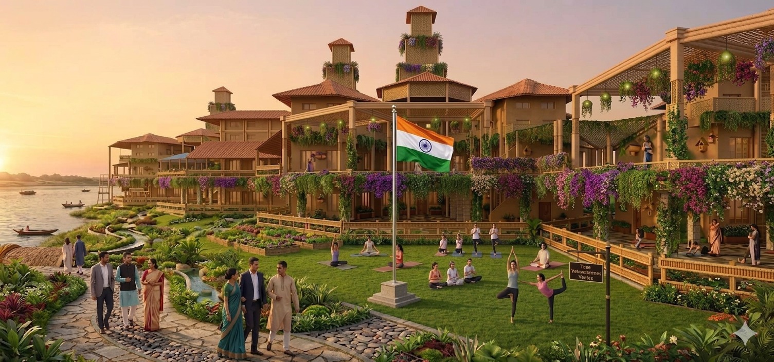 KarmYog Vatika campus entrance with Indian flag, gardens, and biophilic architecture